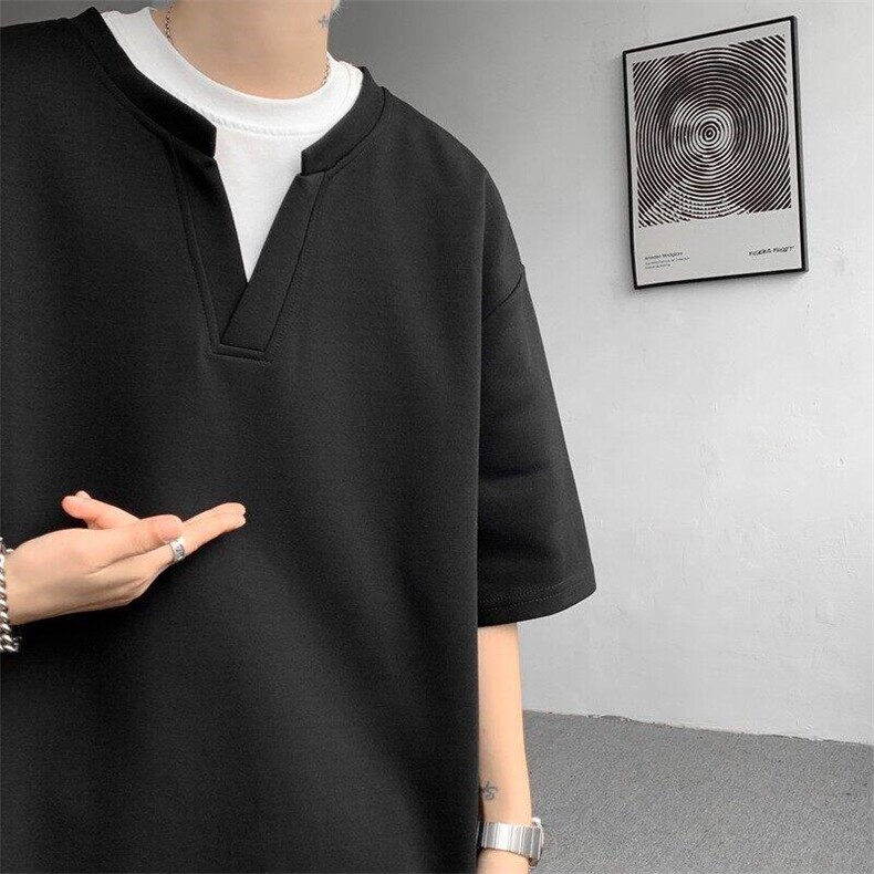 抖音得物高品质版本二开240克宽松纯棉美式高街痞帅假两件短袖T恤,男装T恤,电商A486-1