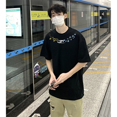 万针全刺绣解构设计260克重磅双纱纯棉高品质美式高街短袖T恤特33，男装T恤，电商A486
