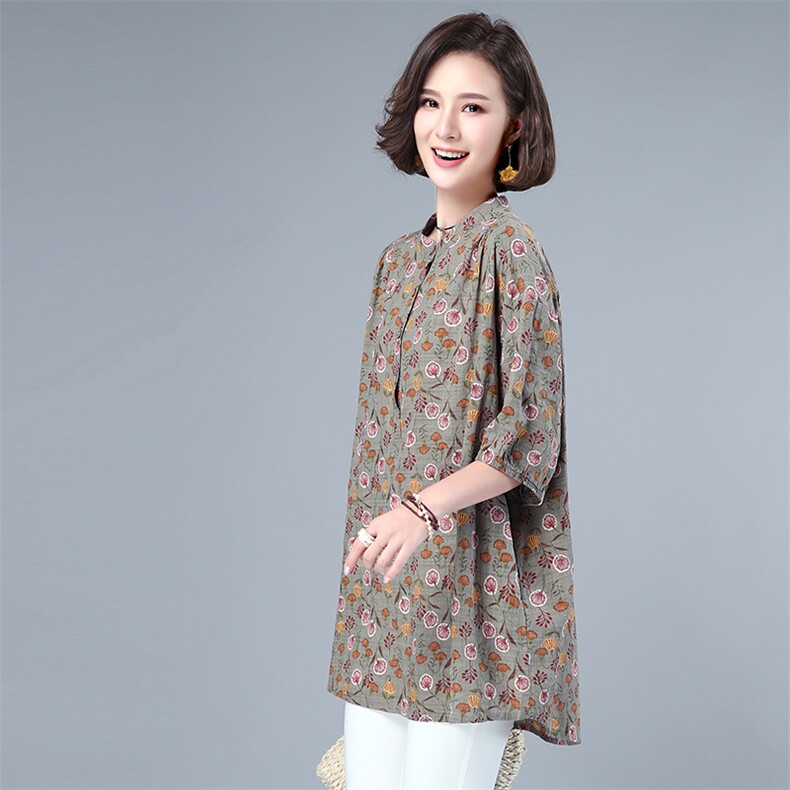 中年妈妈短袖棉麻上衣女2025夏季新款中长款宽松大码印花亚麻衬衫,女装衬衫,悦见她