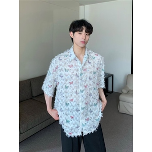 夏季潮流苏蝴蝶满印花衬衫短袖男女新款宽松设计衬衣CA520-P45图片