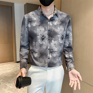 灰 秋冬新款男士社会小伙店主风长袖印花衬衫301A-1/CS600/P58图片