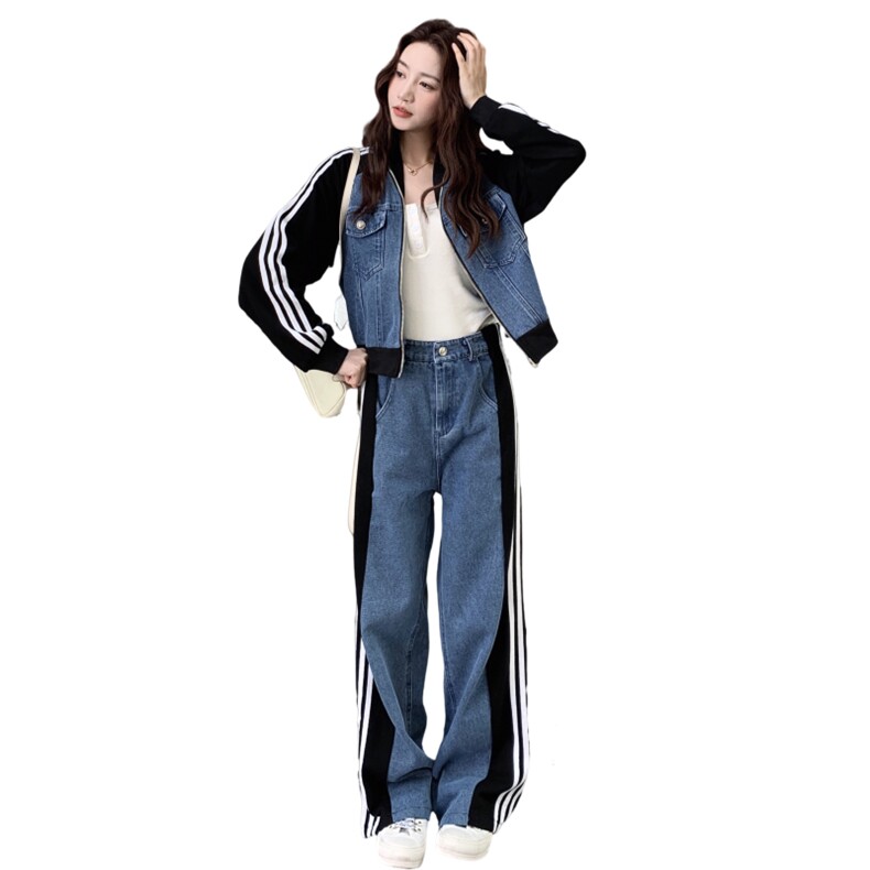 2025春秋季新款韩版拼接牛仔上衣阔腿裤两件套女复古休闲显瘦套装,女装套装/套裙,2D148