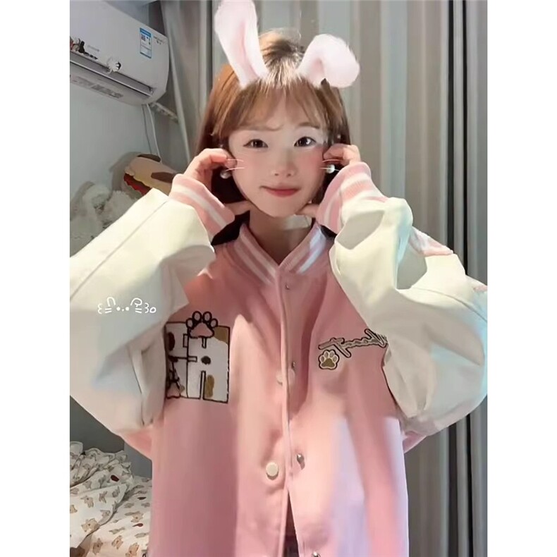 2025年新款美式复古猫爪刺绣撞色棒球服慵懒风宽松百搭外套,女装短外套,星座506A