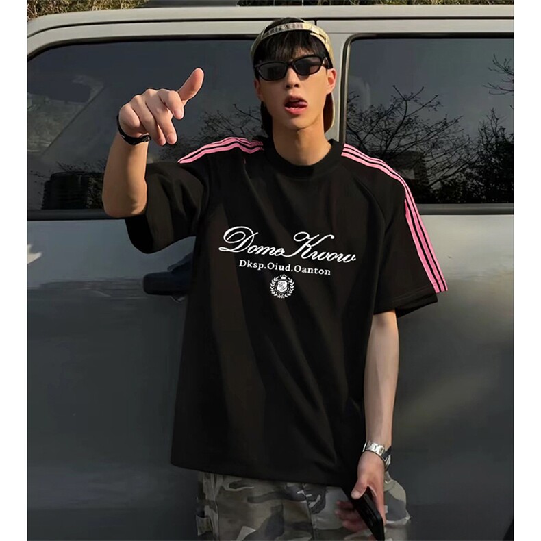 抖音得物品质二开240克宽松纯棉美式潮牌印花三条杠中性风短袖T恤，男装T恤，电商A486-1