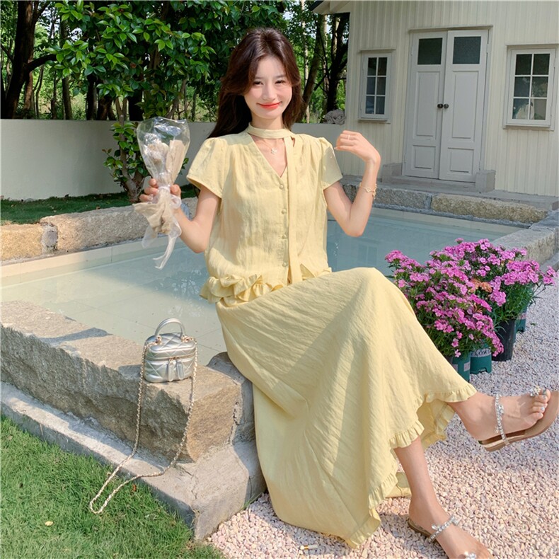小香风花边黄色衬衫半身裙套装女夏巨好看盐系轻熟两件套ootd穿搭，女装套装/套裙，2C118