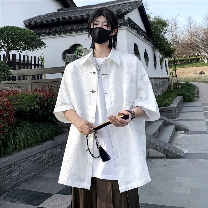 夏季风新中式提花设计宽松短袖衬衣五分袖暗花CW1272，男装衬衫，星座1116A-1（原606A）