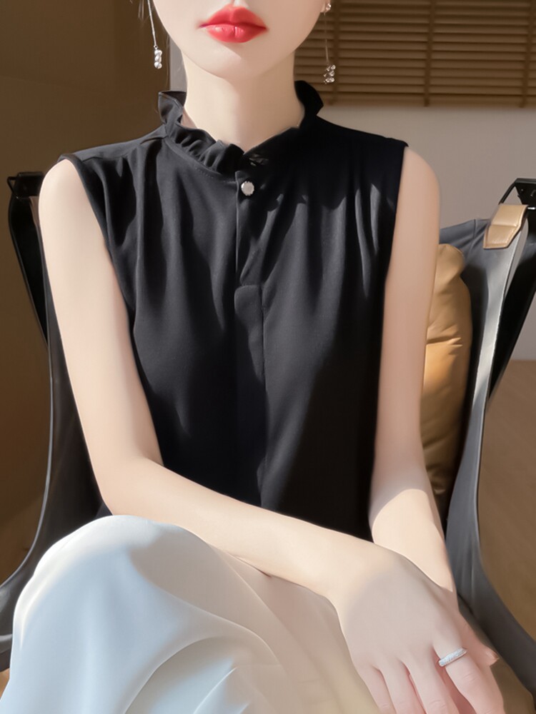 无袖女夏季木耳领袖衫宽松简约百搭纯色女上衣,针织衫/毛衣,绒宛羊绒