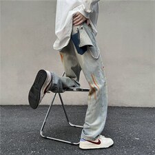 做旧复古黄泥蓝泼墨牛仔裤水洗高街直筒宽松裤子男女N02501-P53，男装牛仔裤，星座308B-2