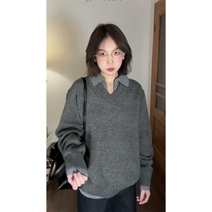 重磅北极绒假两件衬衫领毛衣美式高街复古休闲慵懒纯色翻领针织衫