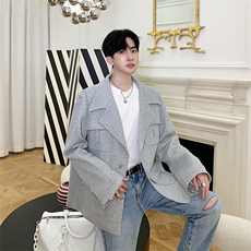 新款慵懒风菱型格子宽松外套男潮流百搭上衣夹克A452--H02，男装夹克，电商A452