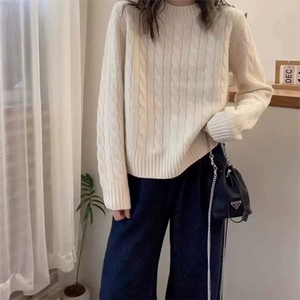 欧货高端100%纯羊毛衫女圆领麻花加厚针织毛衣扭花羊绒衫打底上衣图片