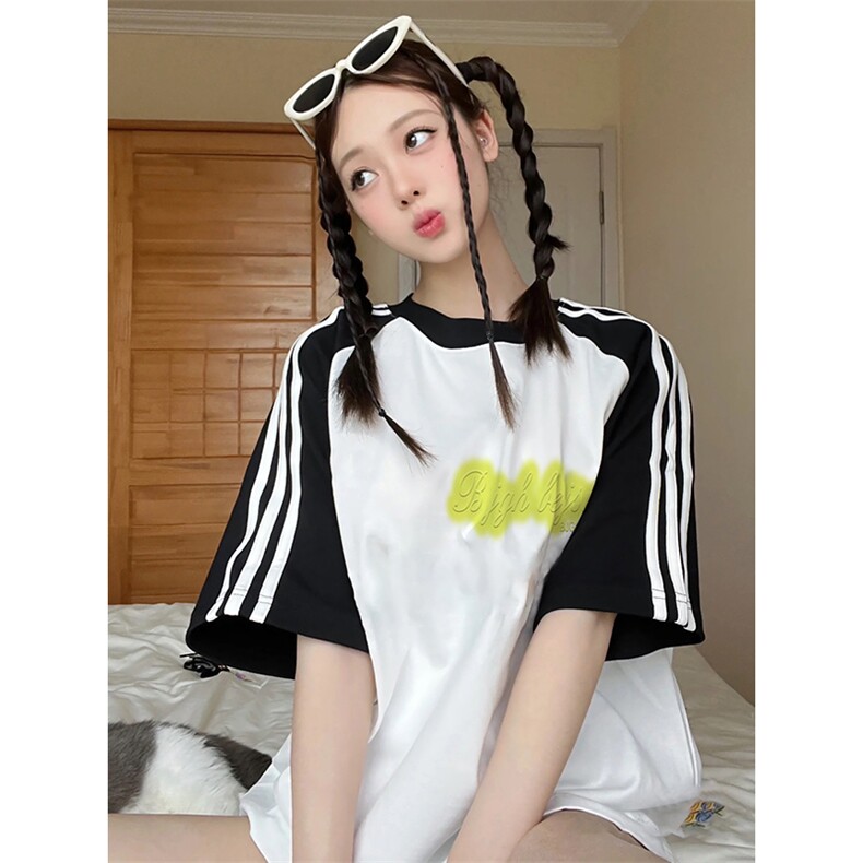 夏季美式高街重磅纯棉三条杠织带插肩撞色男女短袖T恤CZ33-特P25,男装T恤,电商A486