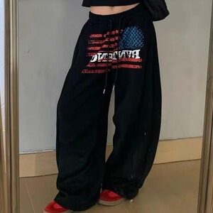 美式运动卫裤弯刀灰色hiphop阔腿长裤女嘻哈街舞宽松休闲跳舞裤子图片