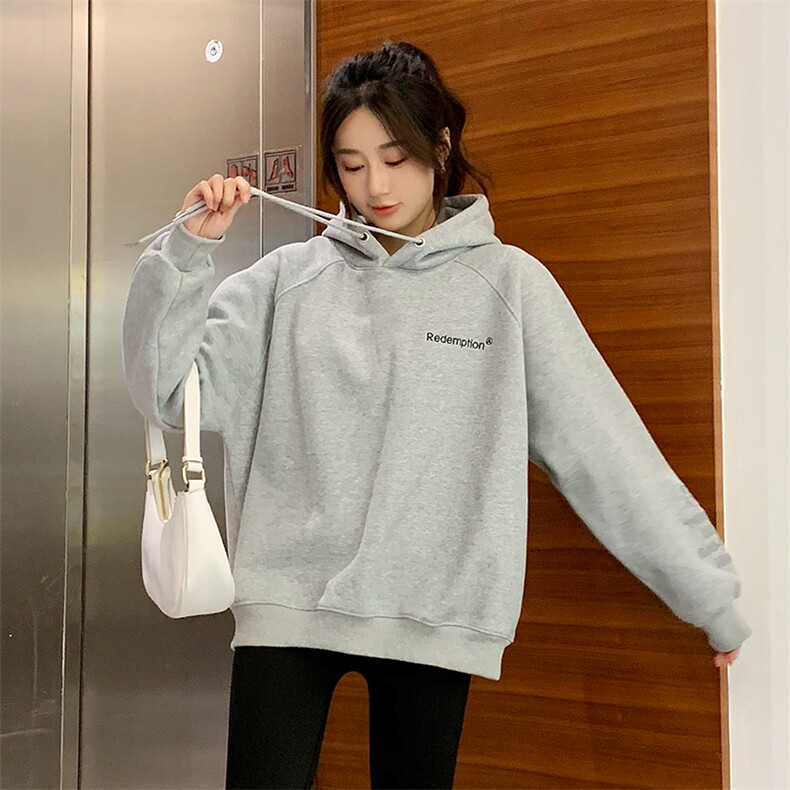 灰色连帽卫衣女秋冬加绒加厚韩版宽松慵懒风oversize外套潮流帽衫,女装卫衣/绒衫,梦懿尔