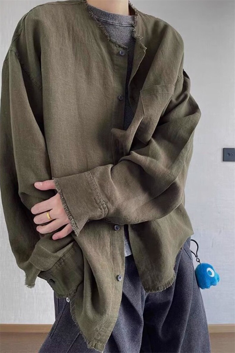 绿色复古毛边亚麻衬衫长袖衬衣防晒外套CS290特P42,男装防晒衣,星座908-1