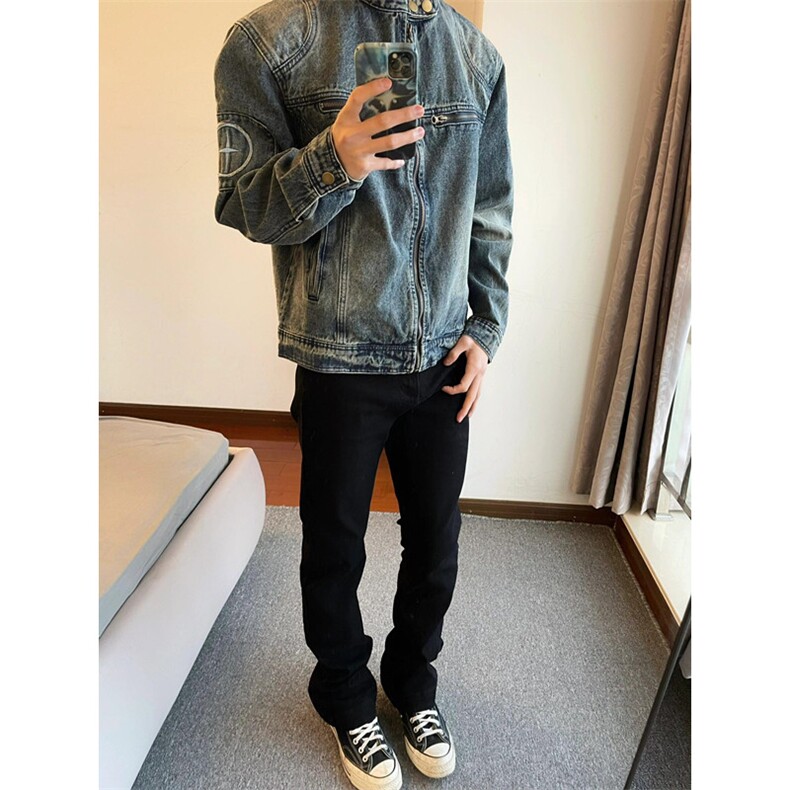 美式复古做旧水洗牛仔外套男立领拉链刺绣机车夹克男JK3162,男装夹克,星座1116A（原606A-3）