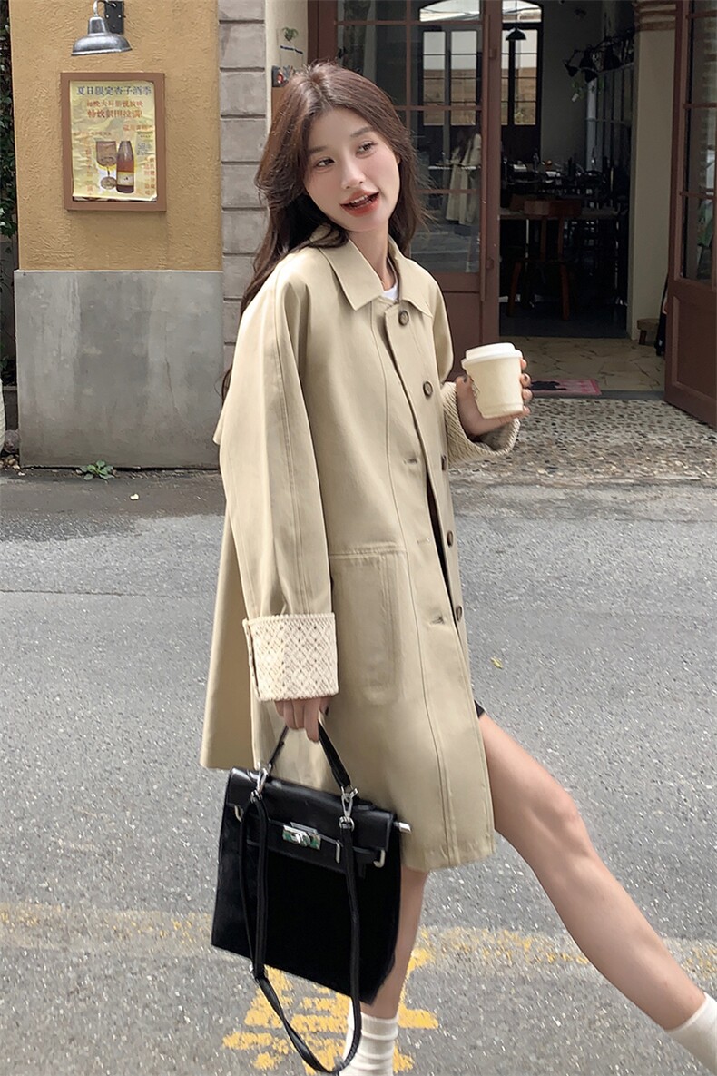 蕾丝拼接翻领风衣外套女春秋中长款高级感学院风减龄法式大衣夹克,女装风衣,浙宝212A