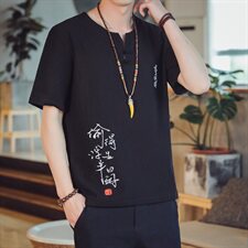 T85*2021夏季男士中国风古风绣字棉麻盘扣短袖T恤衫浅灰*P38，男装T恤，星座1516（原B303）