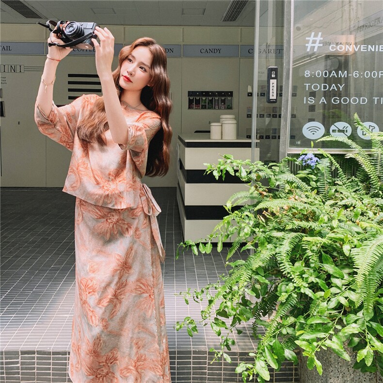 套头印花高腰印花垂坠度假连衣裙气质显瘦温柔裙子碎花时尚夏季,女装连衣裙,2C212