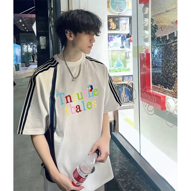 抖音得物品质二开240克宽松纯棉美式潮牌印花三条杠中性风短袖T恤,男装T恤,电商A486-1