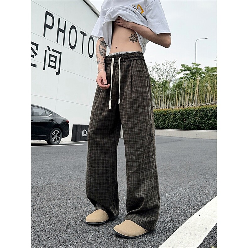 XK468-P35灰色格子裤男夏季薄款慵懒松弛感美式休闲阔腿直筒裤,男装休闲裤,电商A178