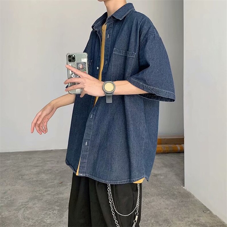 牛仔短袖衬衫男夏季薄款潮流五分袖衬衣ins百搭宽松外套CS124-P40,男装衬衫,星座1008
