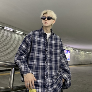 港风大码美式复古贴标格子翻领长袖衬衫男 XZ213-CS8805-P55控68图片