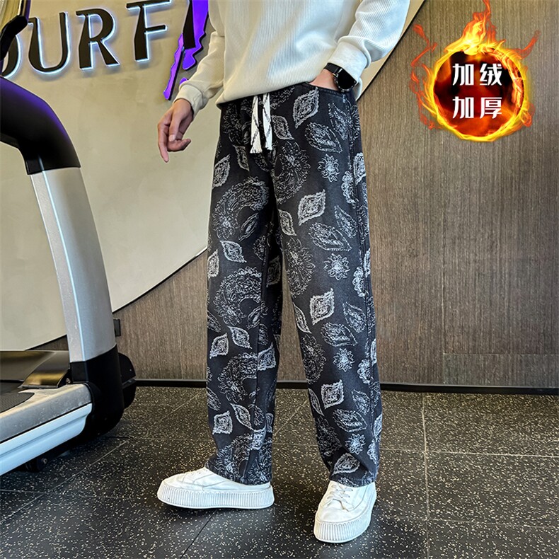秋冬加绒牛仔裤 男士个性树叶印花直筒牛仔弯刀裤潮901N50加绒P68图片
