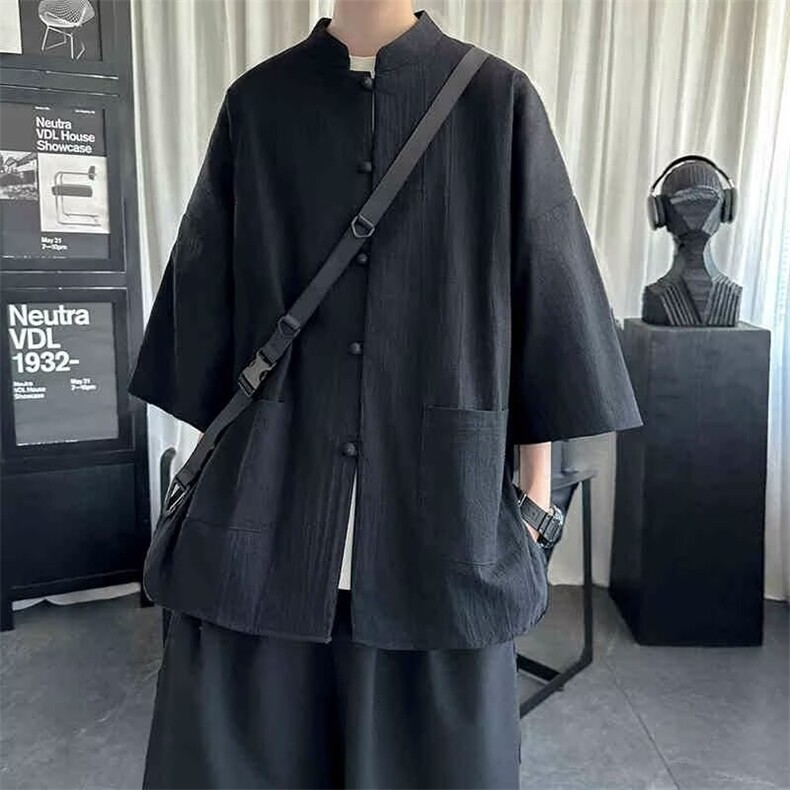 C251-P35新中式盘扣唐装亚麻七分袖衬衫男款风，男装衬衫，电商B323A