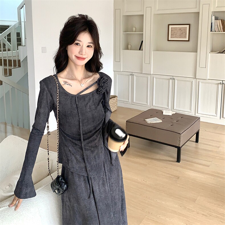 U型领半身裙两件套2025年春款新款套裙不规则上衣配半身裙HZ0674，女装套装/套裙，灵力轩