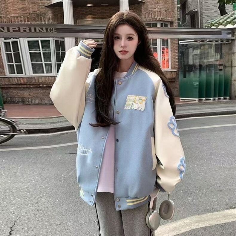 小清新蓝色棒球服外套女春秋百搭宽松学生撞色拼接甜酷夹克上衣,男装夹克,星座1210-1