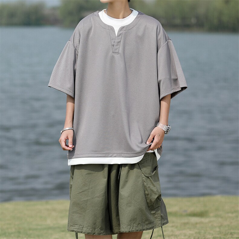 8XL-M重磅斜纹假两件短袖t恤男夏季薄款宽松大码半袖体恤DT006P45图片