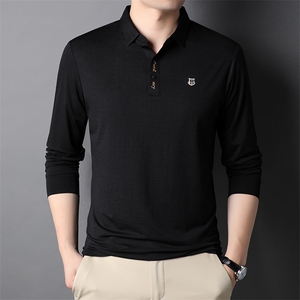 秋季纯色长袖t恤男翻领中年爸爸秋装上衣宽松刺绣秋衣打底衫图片