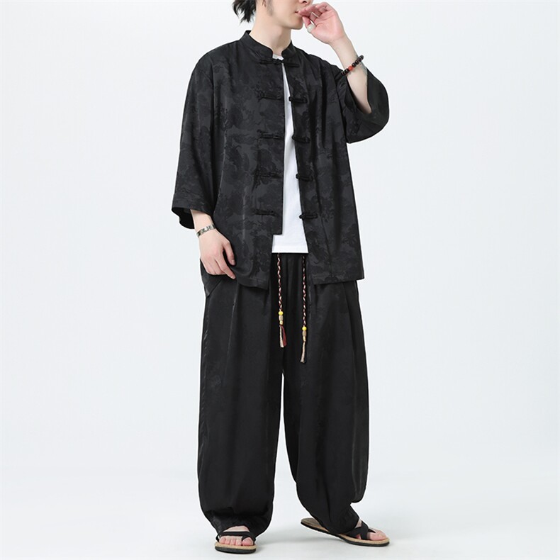 新中式时尚套装男七分袖衬衫2025夏季新款风休闲裤TZ100-P110,男装休闲套装,电商A008