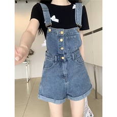 牛仔背带裤女2025春夏新款单排扣卷边短裤小个子高腰直筒阔腿裤子，男装牛仔裤，星座506A