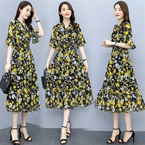 雪纺长袖连衣裙春秋装2022新款女收腰气质复古碎花衬衫裙子图片