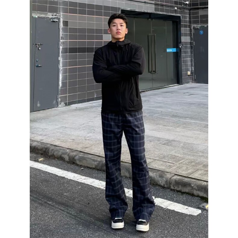 黑蓝色格子裤男女显腿长休闲运动裤美式高街直筒微喇裤,女装休闲裤,四季星座505