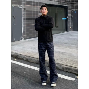 黑蓝色格子裤男女显腿长休闲运动裤美式高街直筒微喇裤图片