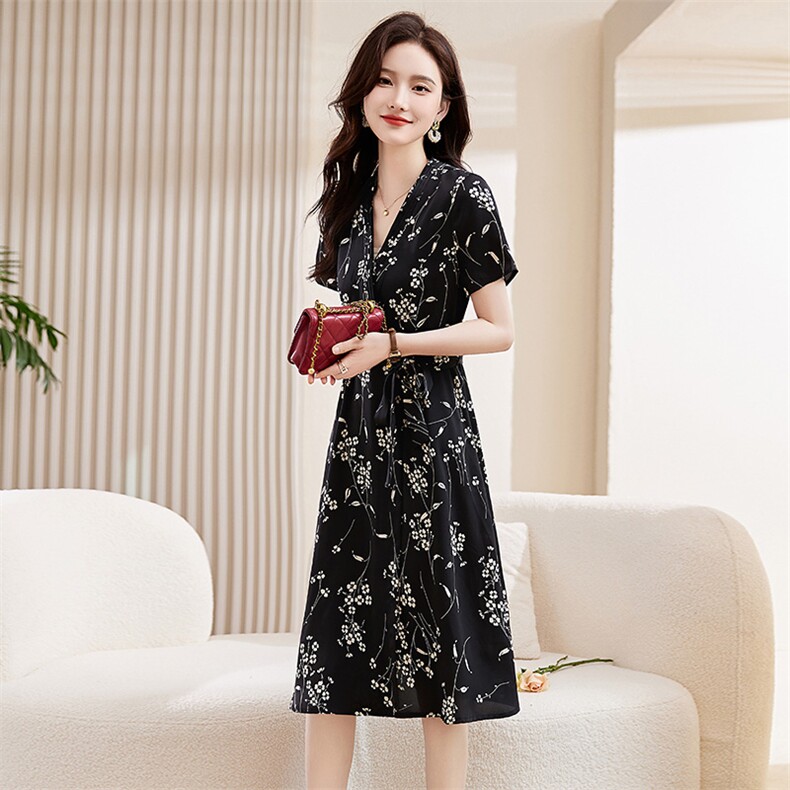 雪纺碎花连衣裙女夏季2023新款高级感小个子时尚气质显瘦垂感裙子,女装连衣裙,牡丹诺