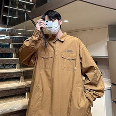 日系复古简约字母刺绣衬衫男士长袖翻领多口袋休闲衬衣春秋季外套，男装衬衫，星座716-4
