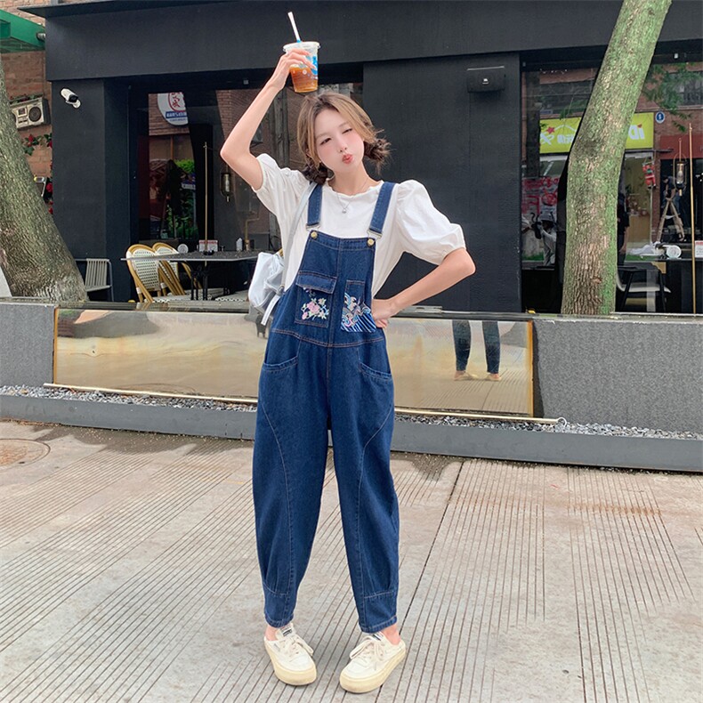 国风刺绣印花牛仔背带裤女2025夏季新款韩版宽松显瘦减龄阔腿长裤,女装牛仔裤,2D148