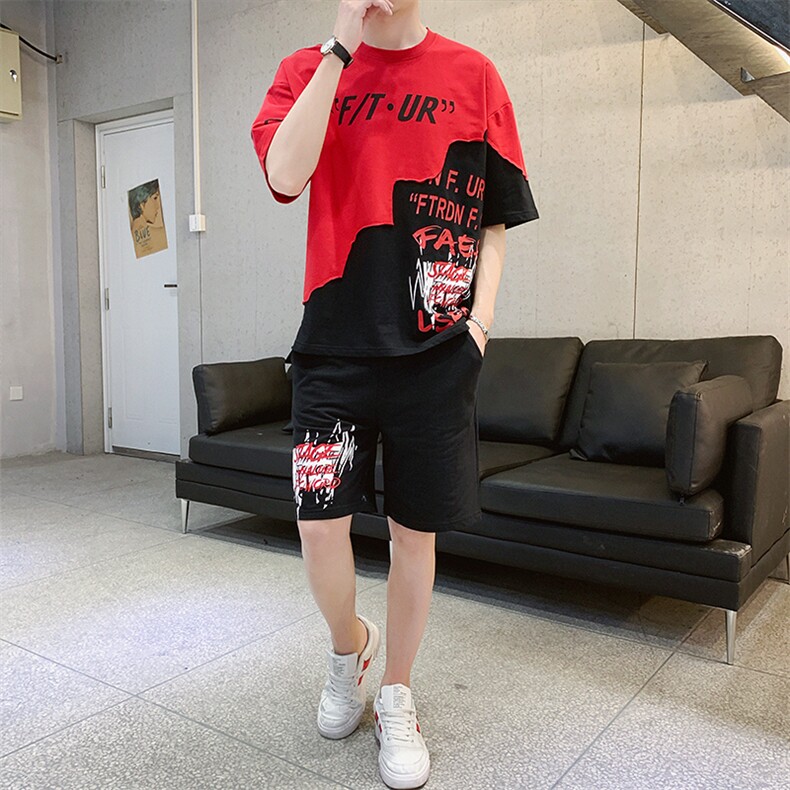 2023夏季新款短袖T恤套装运动休闲宽松潮流两件套男装F48P58,男装休闲套装,电商A086