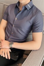 夏装新款男织带条纹衬衫男修身英伦短袖衬衣DC06/P55，男装T恤，电商A213