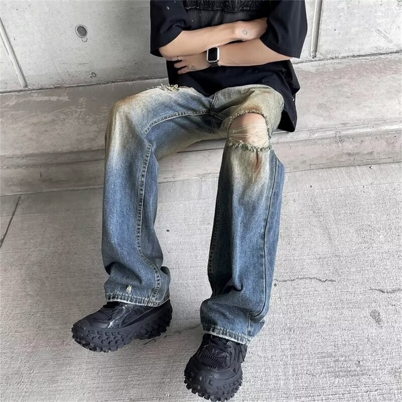高街黄泥染破洞做旧牛仔裤男宽松直筒垂感长裤NT1718,男装牛仔裤,星座1116A-1（原606A）