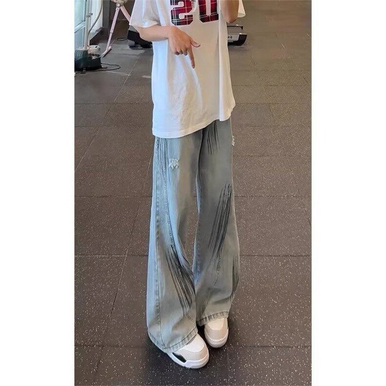 网络图，美式扎染破洞男夏薄款阔腿弯刀牛仔裤XZ302B-1-N32P45,男装牛仔裤,星座302B-1
