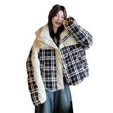 时尚黑白格子拼接连帽加厚短款羽绒服女2024冬新款学院风显瘦外套，女装羽绒服，橙子家