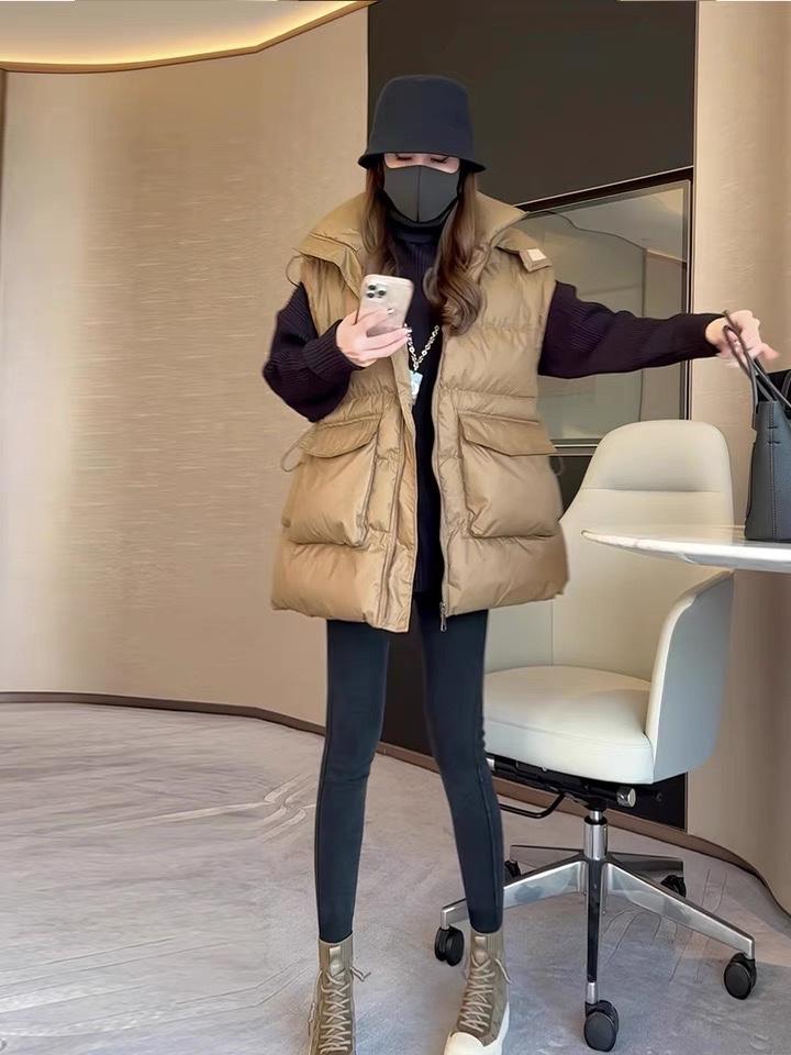 2022新款欧洲站洋气抽绳设计连帽90%白鸭绒马甲,女装马甲,L·H·X