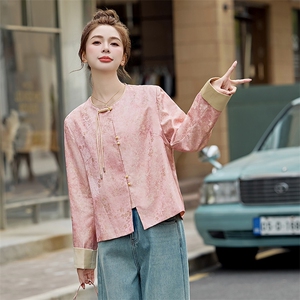 粉色提花新中式国风外套女2025新款改良流苏盘扣开春超火唐装上衣图片