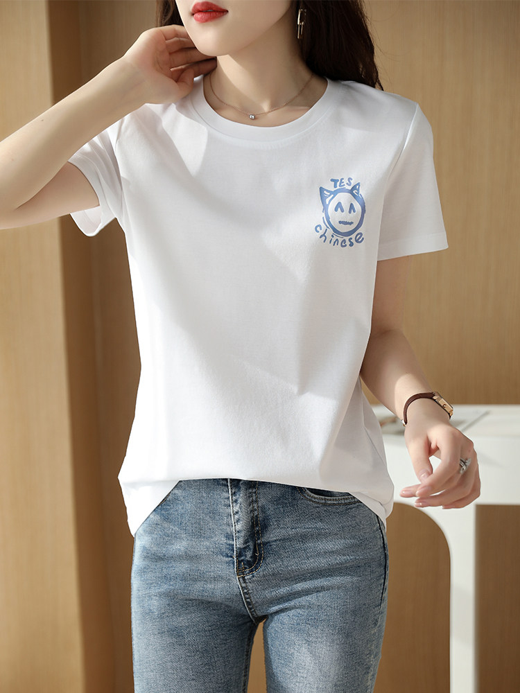 圆领白色t恤女桑蚕丝光棉短袖修身印花2024夏新款纯棉设计感上衣,女装T恤,元素羊绒