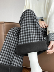 黑灰色格子休闲直筒裤秋冬2025新款宽松显瘦加绒慵懒阔腿裤，女装休闲裤，云美莎专业女裤-全店现货
